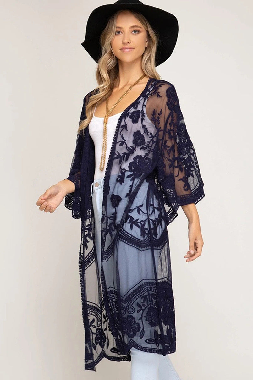 Lace Embroidered Sun Protection Cardigan | Beach Cover-Up with UV Shield