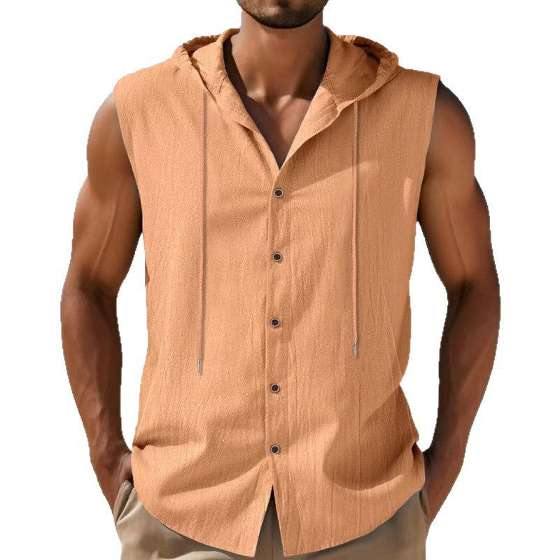 Mens Linen Hooded Sleeveless Shirt