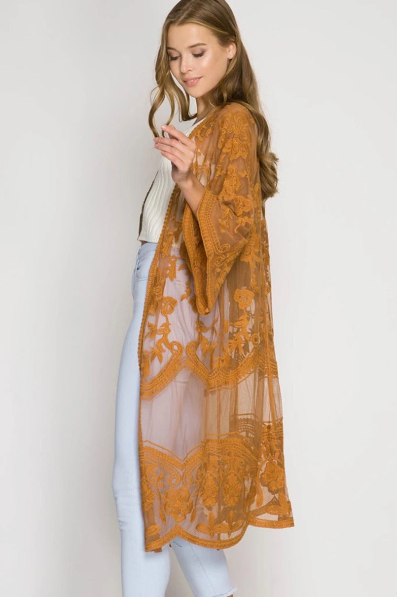 Lace Embroidered Sun Protection Cardigan | Beach Cover-Up with UV Shield
