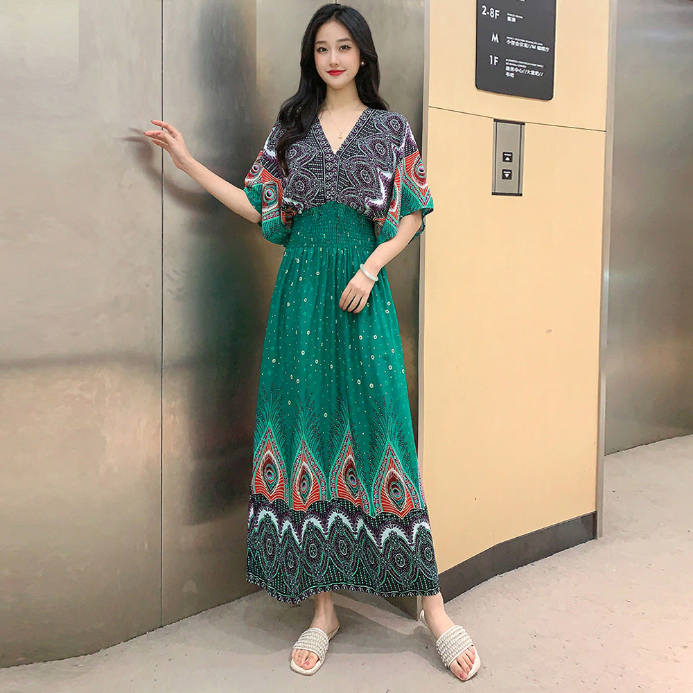 V-Neck Ethnic Print Beach Vacation Dress | Boho Holiday Maxi Dress