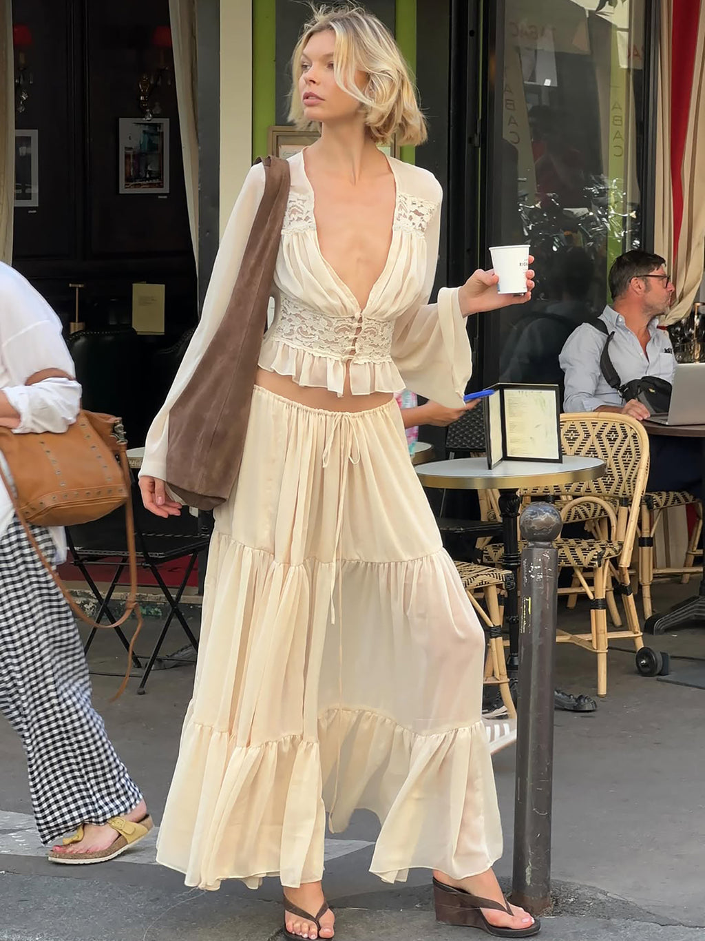 Womens Lace Chiffon Tie-Up Long Dress
