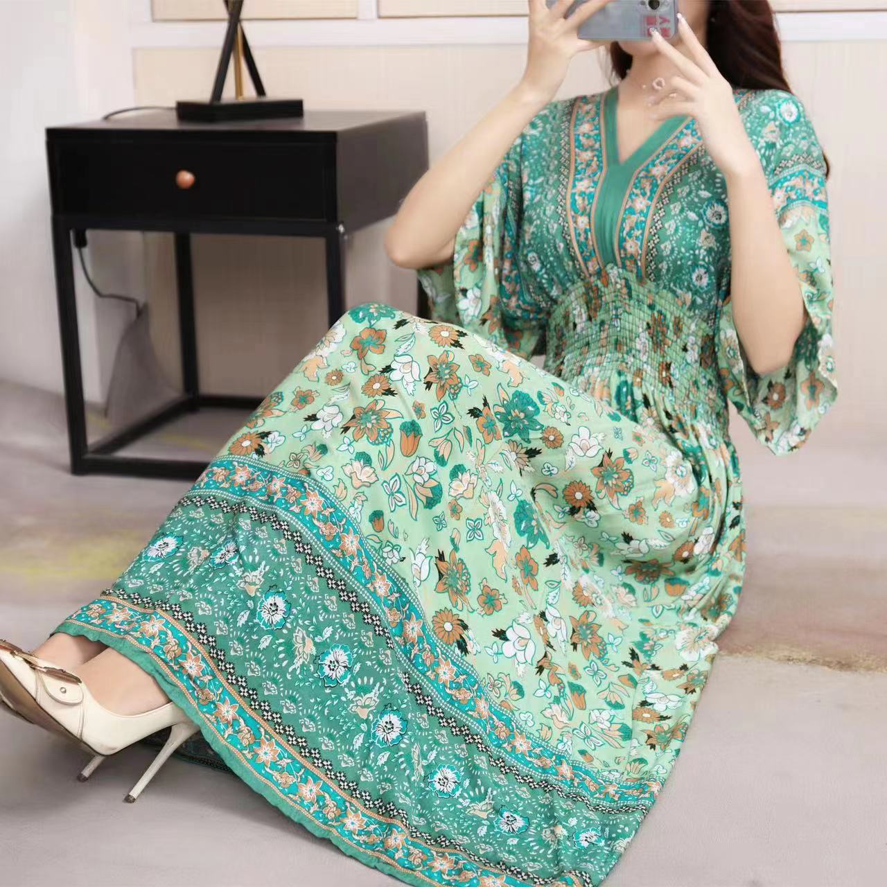 V-Neck Ethnic Print Beach Vacation Dress | Boho Holiday Maxi Dress