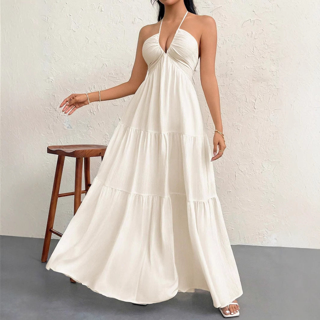 Sexy Backless V-Neck Pleated Beach Dress | Women's Summer Holiday Dress