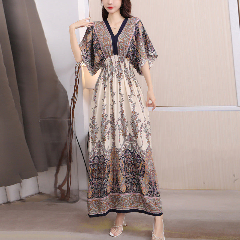 V-Neck Ethnic Print Beach Vacation Dress | Boho Holiday Maxi Dress