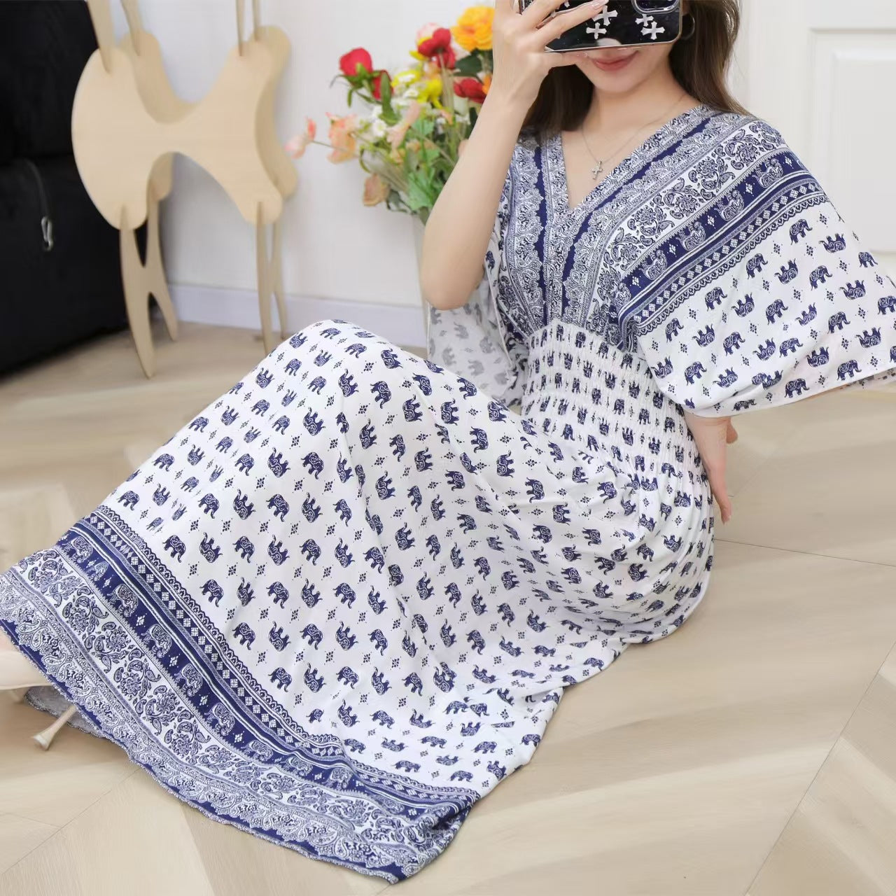 V-Neck Ethnic Print Beach Vacation Dress | Boho Holiday Maxi Dress