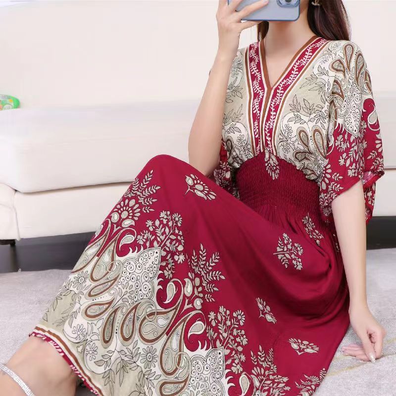 V-Neck Ethnic Print Beach Vacation Dress | Boho Holiday Maxi Dress