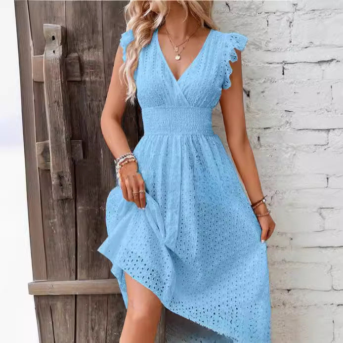 Womens Jacquard V-Neck A-Line Dress