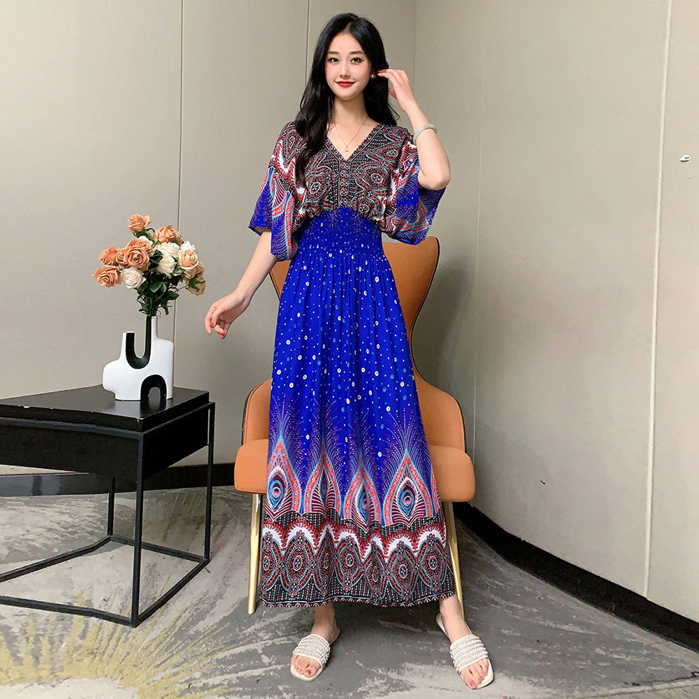 V-Neck Ethnic Print Beach Vacation Dress | Boho Holiday Maxi Dress