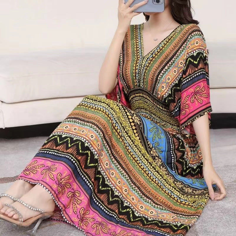 V-Neck Ethnic Print Beach Vacation Dress | Boho Holiday Maxi Dress