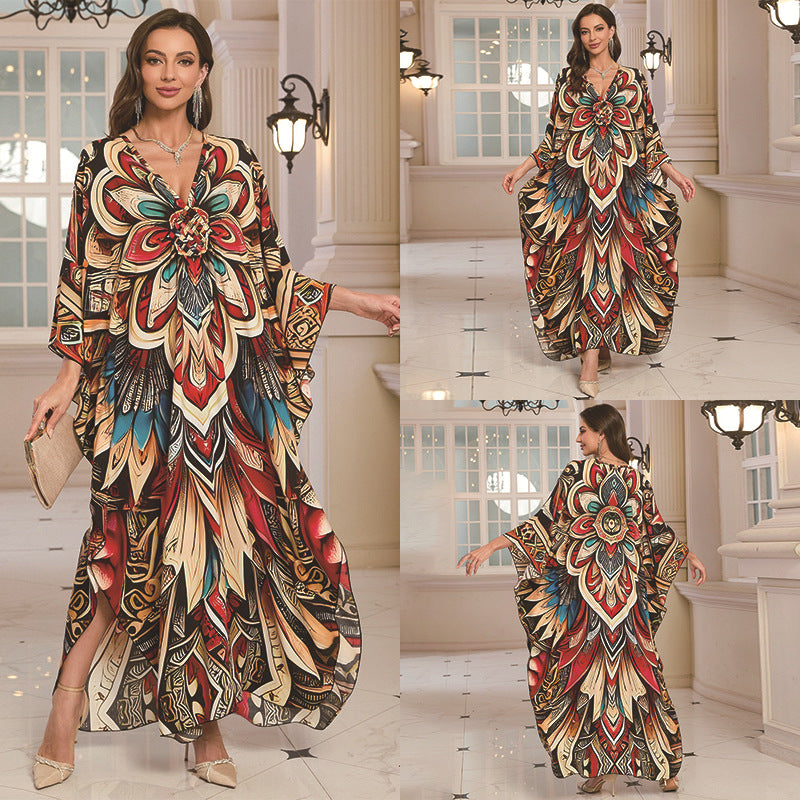 Loose Rayon Beach Cover-Up Dress | Printed Summer Holiday Wrap Dress