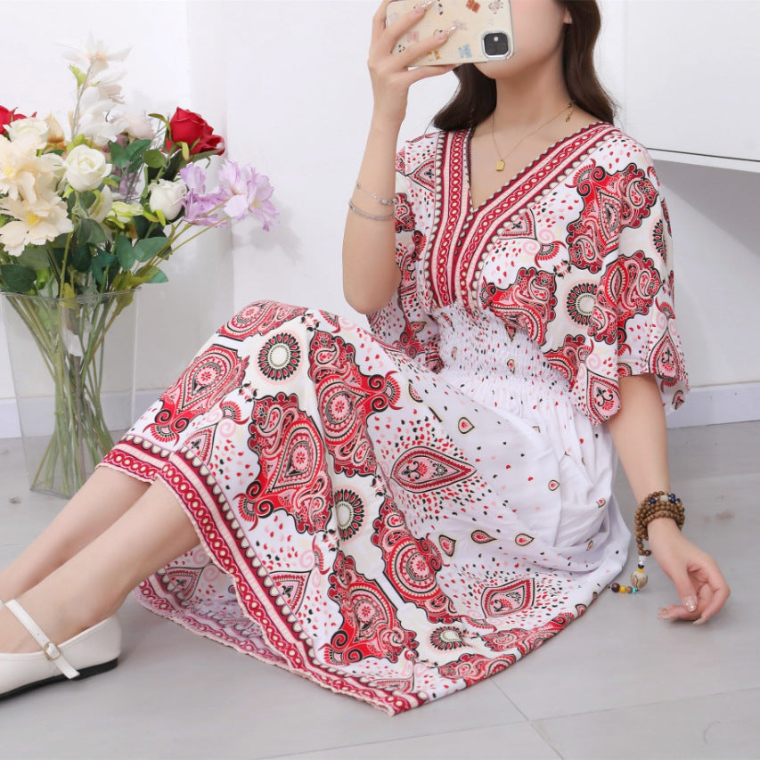 V-Neck Ethnic Print Beach Vacation Dress | Boho Holiday Maxi Dress