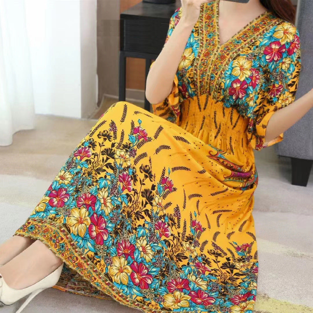 V-Neck Ethnic Print Beach Vacation Dress | Boho Holiday Maxi Dress