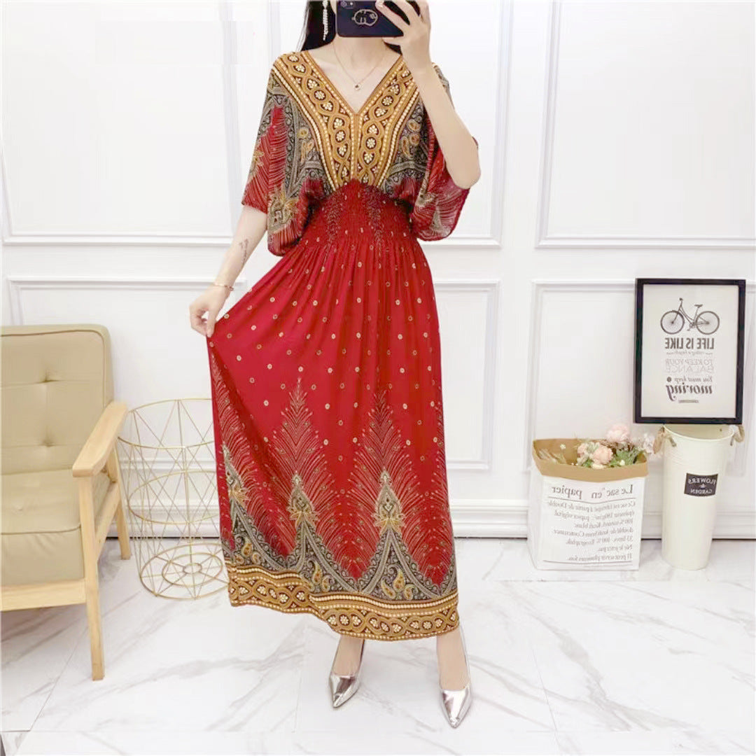 V-Neck Ethnic Print Beach Vacation Dress | Boho Holiday Maxi Dress