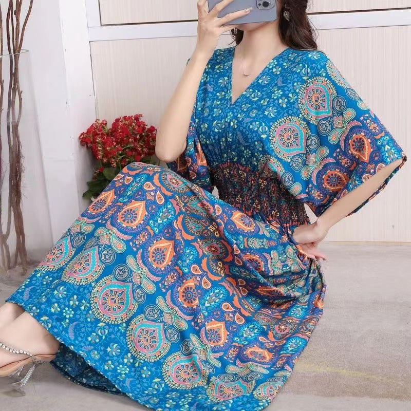V-Neck Ethnic Print Beach Vacation Dress | Boho Holiday Maxi Dress