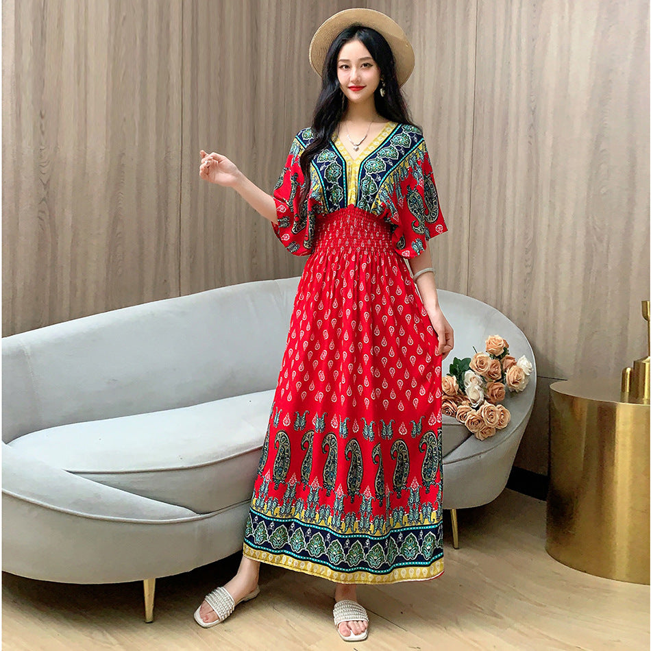 V-Neck Ethnic Print Beach Vacation Dress | Boho Holiday Maxi Dress