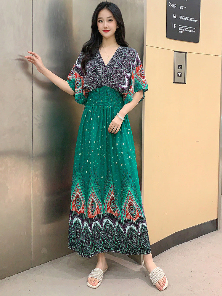 V-Neck Ethnic Print Beach Vacation Dress | Boho Holiday Maxi Dress