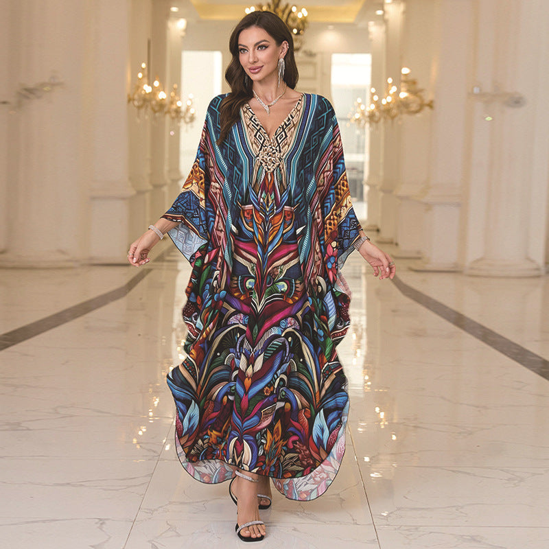Loose Rayon Beach Cover-Up Dress | Printed Summer Holiday Wrap Dress