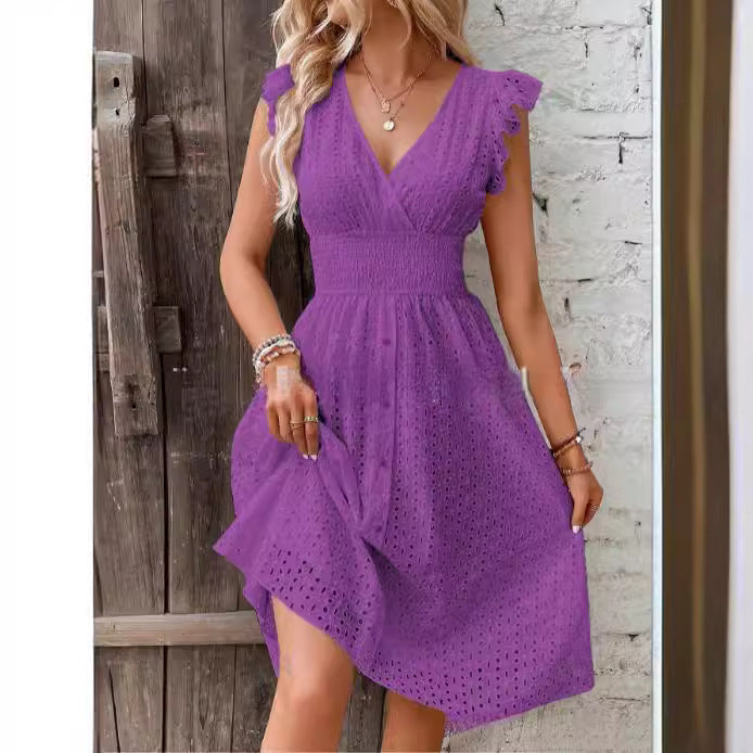 Womens Jacquard V-Neck A-Line Dress