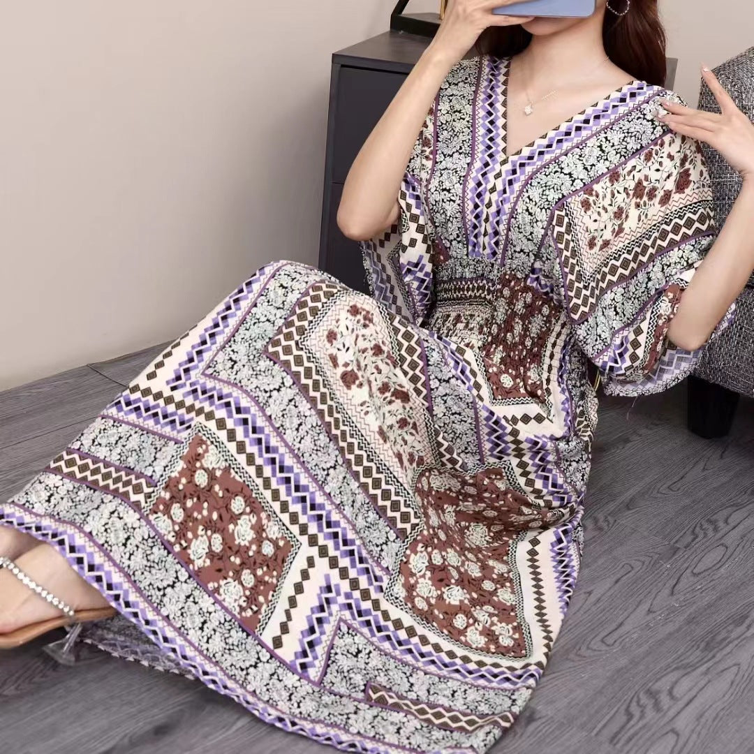 V-Neck Ethnic Print Beach Vacation Dress | Boho Holiday Maxi Dress