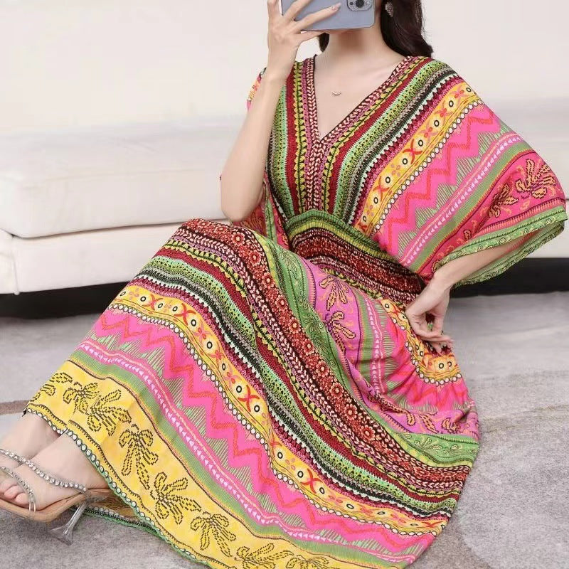 V-Neck Ethnic Print Beach Vacation Dress | Boho Holiday Maxi Dress