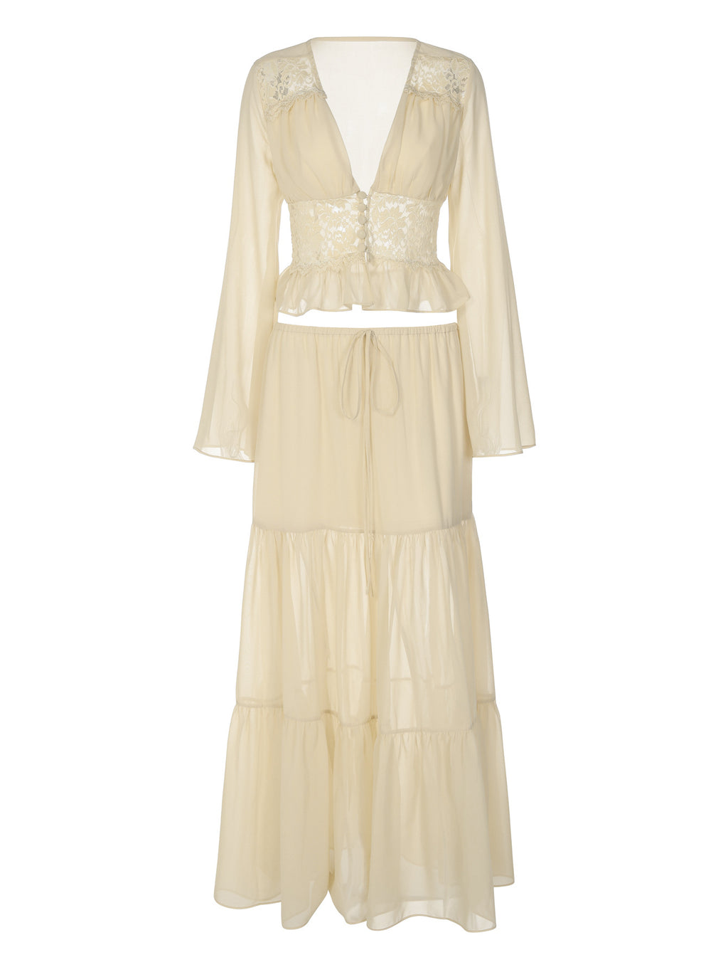 Womens Lace Chiffon Tie-Up Long Dress