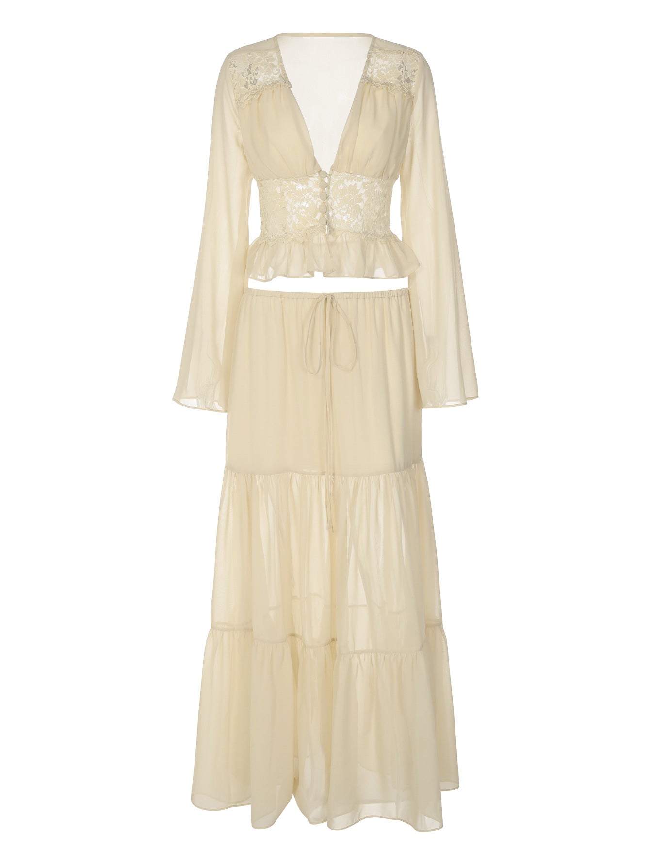 Womens Lace Chiffon Tie-Up Long Dress