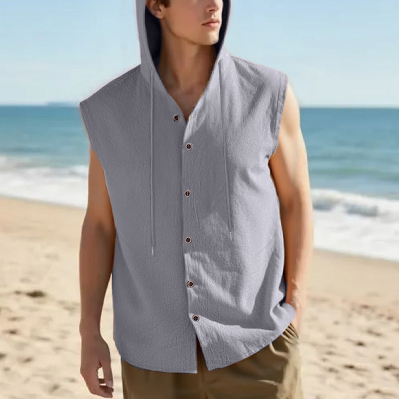 Mens Linen Hooded Sleeveless Shirt