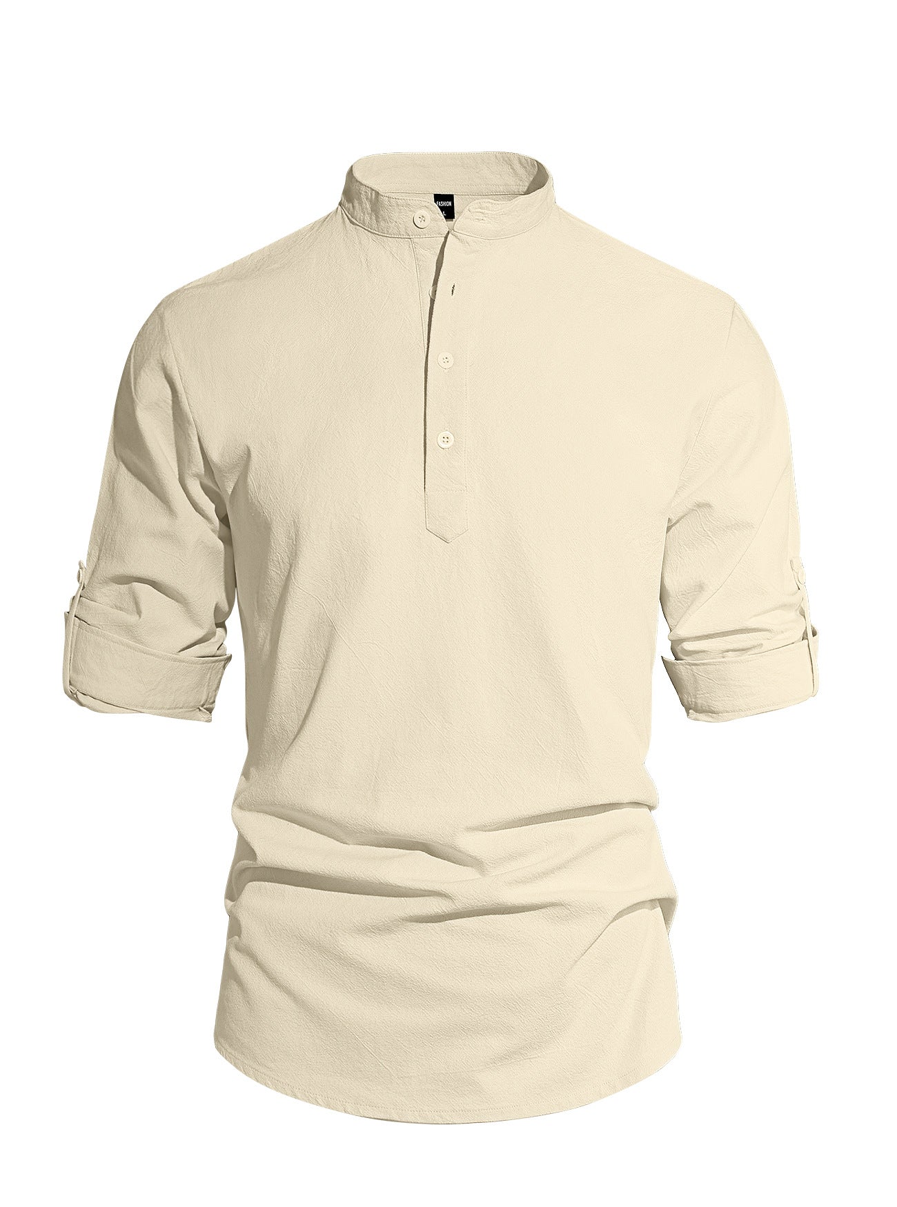 Solid Color Stand-Up Collar Long-Sleeved Cotton and Linen Shirt