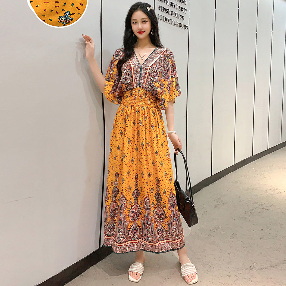 V-Neck Ethnic Print Beach Vacation Dress | Boho Holiday Maxi Dress