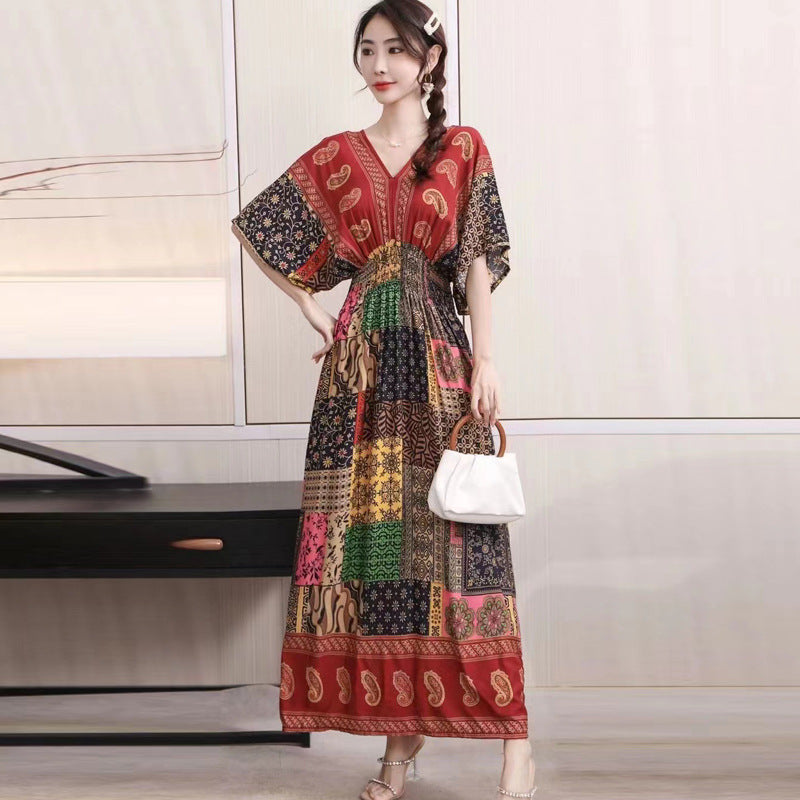V-Neck Ethnic Print Beach Vacation Dress | Boho Holiday Maxi Dress