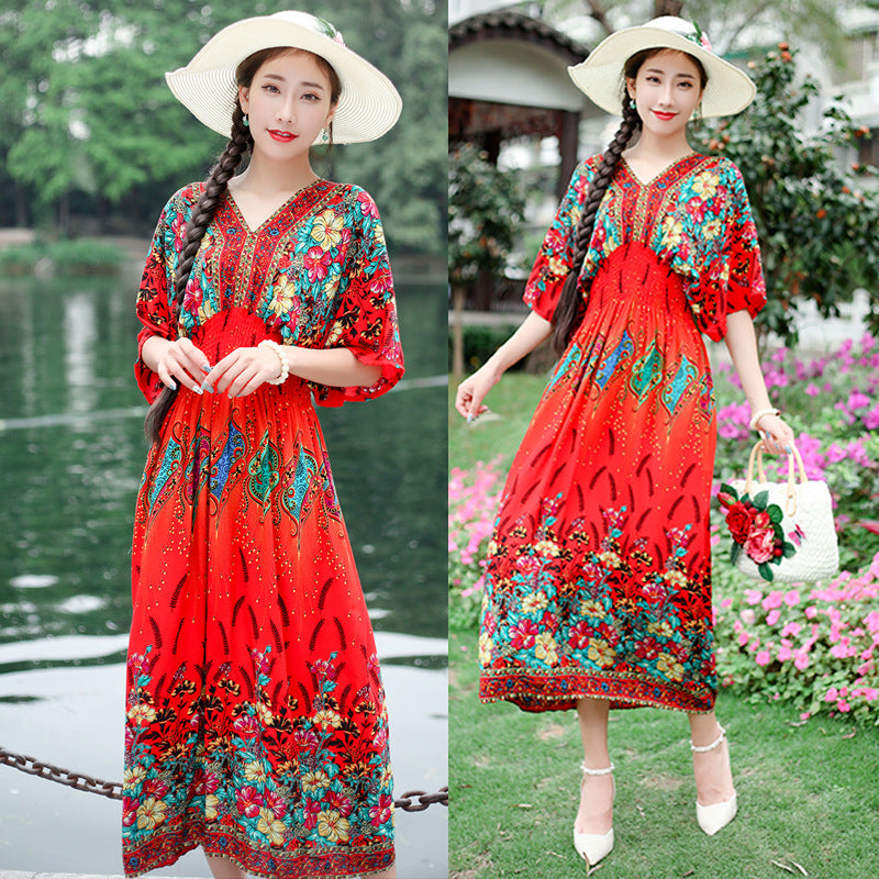 V-Neck Ethnic Print Beach Vacation Dress | Boho Holiday Maxi Dress