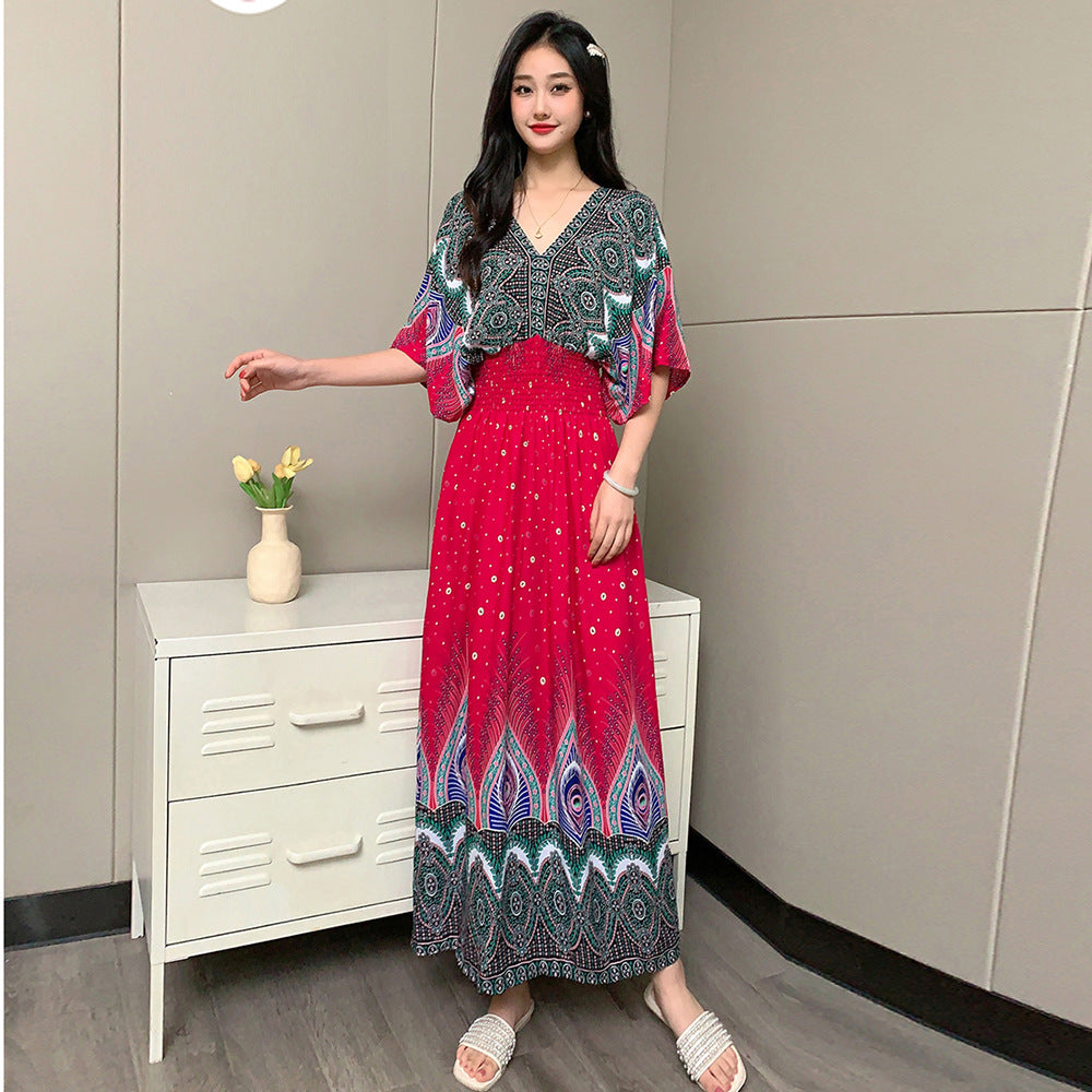 V-Neck Ethnic Print Beach Vacation Dress | Boho Holiday Maxi Dress