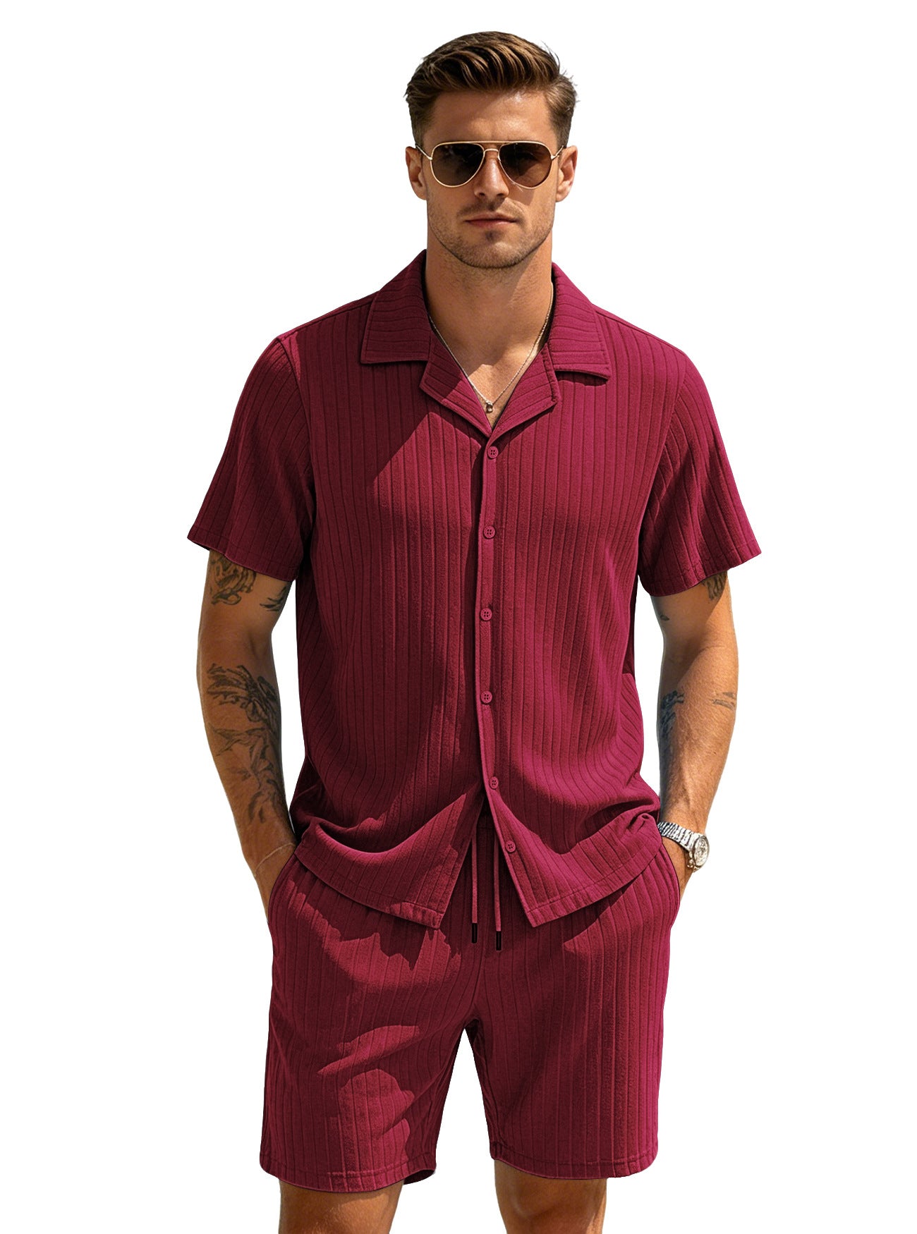 Men's Casual Button-Down Shirt and Shorts Set