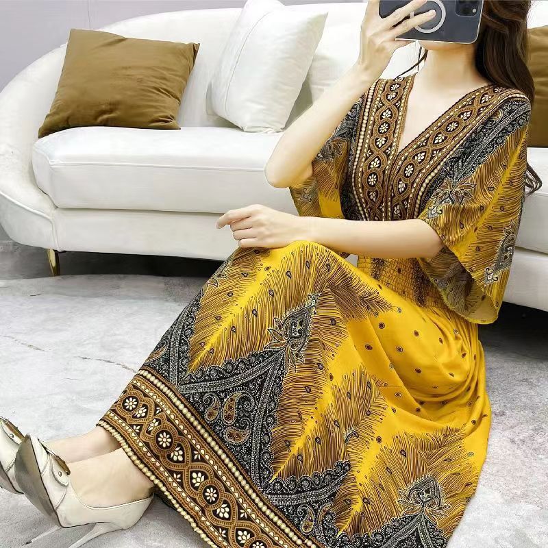 V-Neck Ethnic Print Beach Vacation Dress | Boho Holiday Maxi Dress