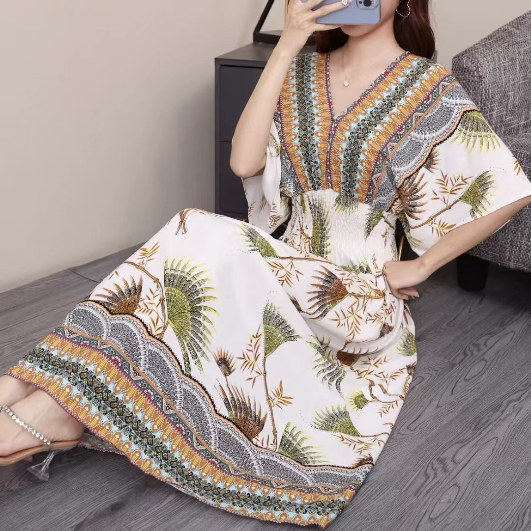 V-Neck Ethnic Print Beach Vacation Dress | Boho Holiday Maxi Dress