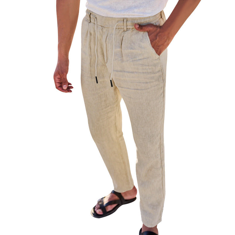 Mens Cotton Linen Drawstring Straight Pants