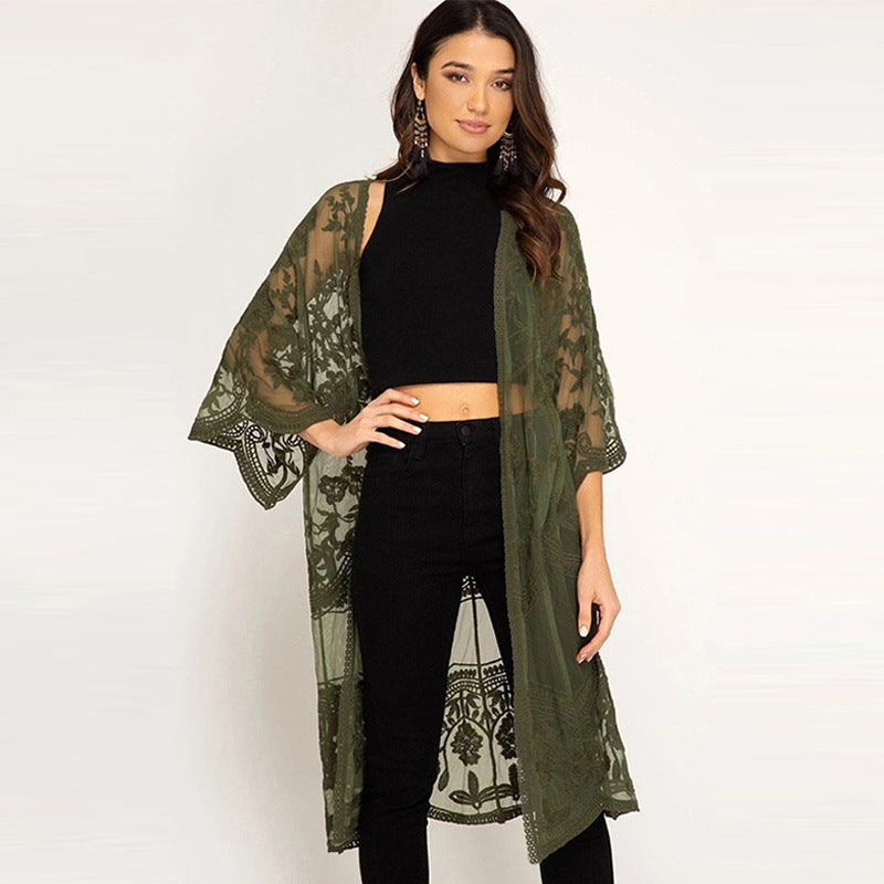 Lace Embroidered Sun Protection Cardigan | Beach Cover-Up with UV Shield