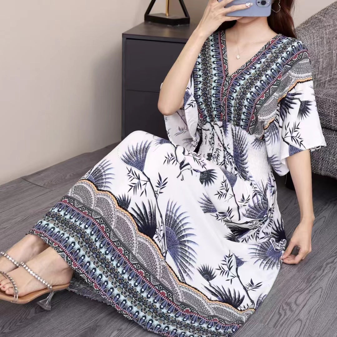 V-Neck Ethnic Print Beach Vacation Dress | Boho Holiday Maxi Dress