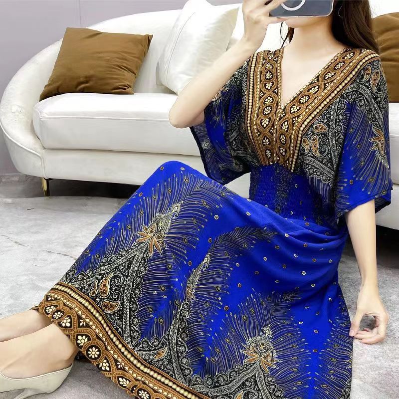 V-Neck Ethnic Print Beach Vacation Dress | Boho Holiday Maxi Dress