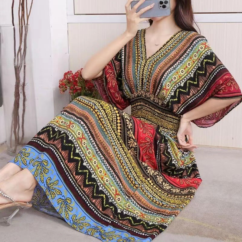 V-Neck Ethnic Print Beach Vacation Dress | Boho Holiday Maxi Dress
