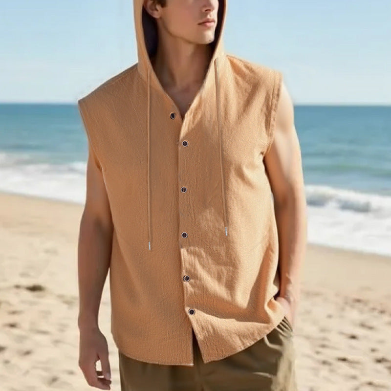 Mens Linen Hooded Sleeveless Shirt
