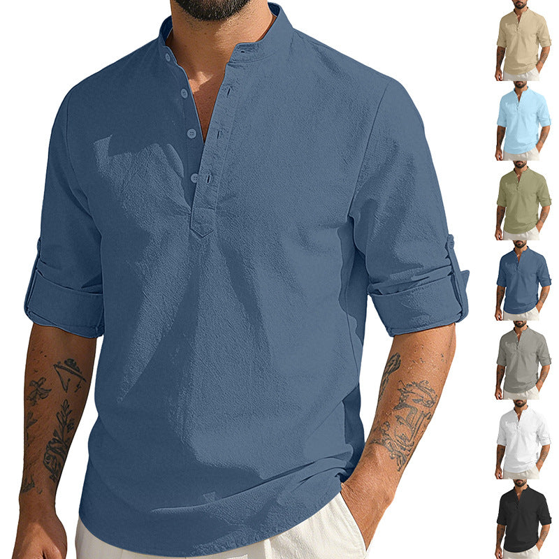 Solid Color Stand-Up Collar Long-Sleeved Cotton and Linen Shirt