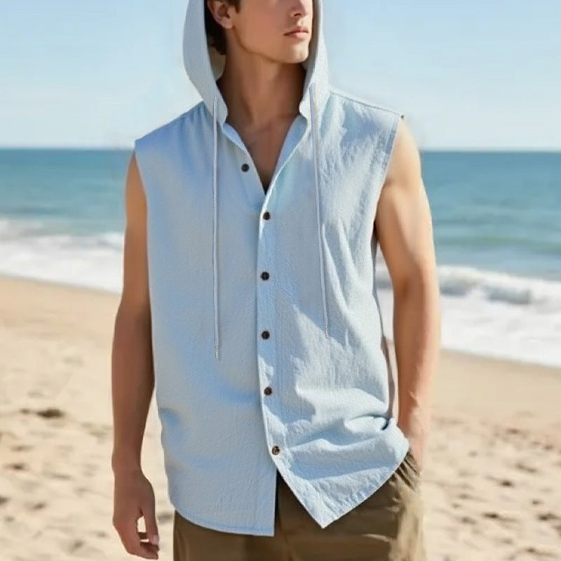 Mens Linen Hooded Sleeveless Shirt