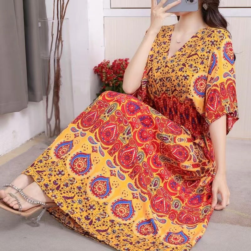 V-Neck Ethnic Print Beach Vacation Dress | Boho Holiday Maxi Dress