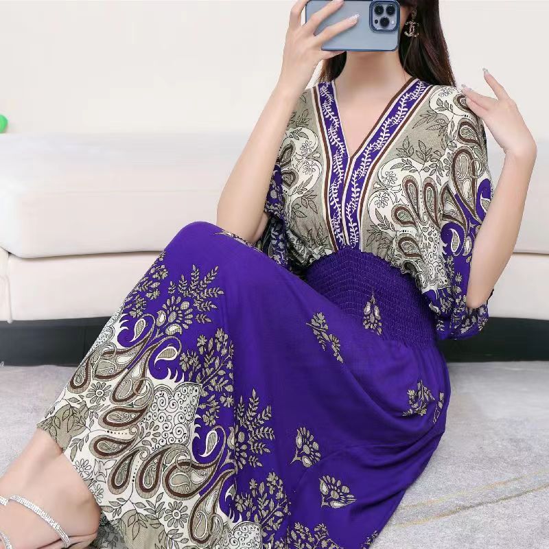 V-Neck Ethnic Print Beach Vacation Dress | Boho Holiday Maxi Dress