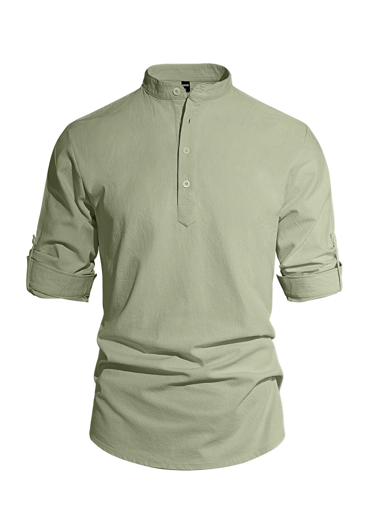 Solid Color Stand-Up Collar Long-Sleeved Cotton and Linen Shirt