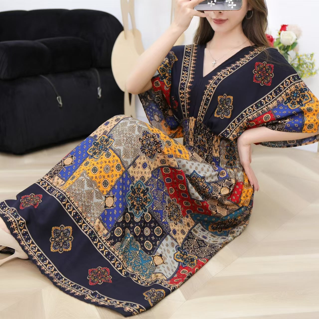 V-Neck Ethnic Print Beach Vacation Dress | Boho Holiday Maxi Dress