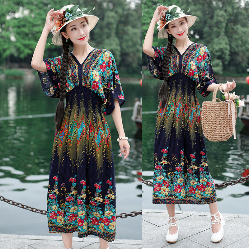 V-Neck Ethnic Print Beach Vacation Dress | Boho Holiday Maxi Dress