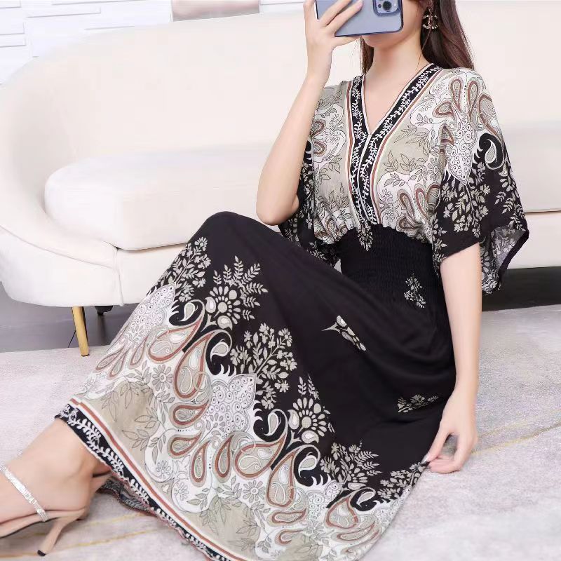 V-Neck Ethnic Print Beach Vacation Dress | Boho Holiday Maxi Dress