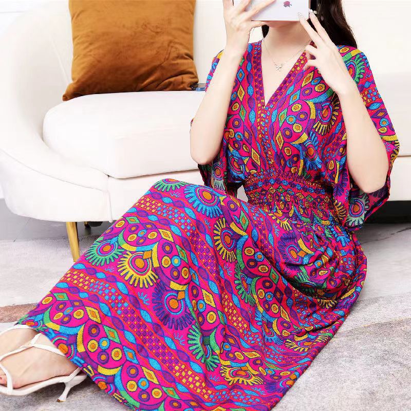 V-Neck Ethnic Print Beach Vacation Dress | Boho Holiday Maxi Dress